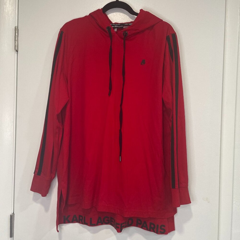 Karl Lagerfeld Paris Red Hoodie Tunic • Logo Hem Longline Sweatshirt L